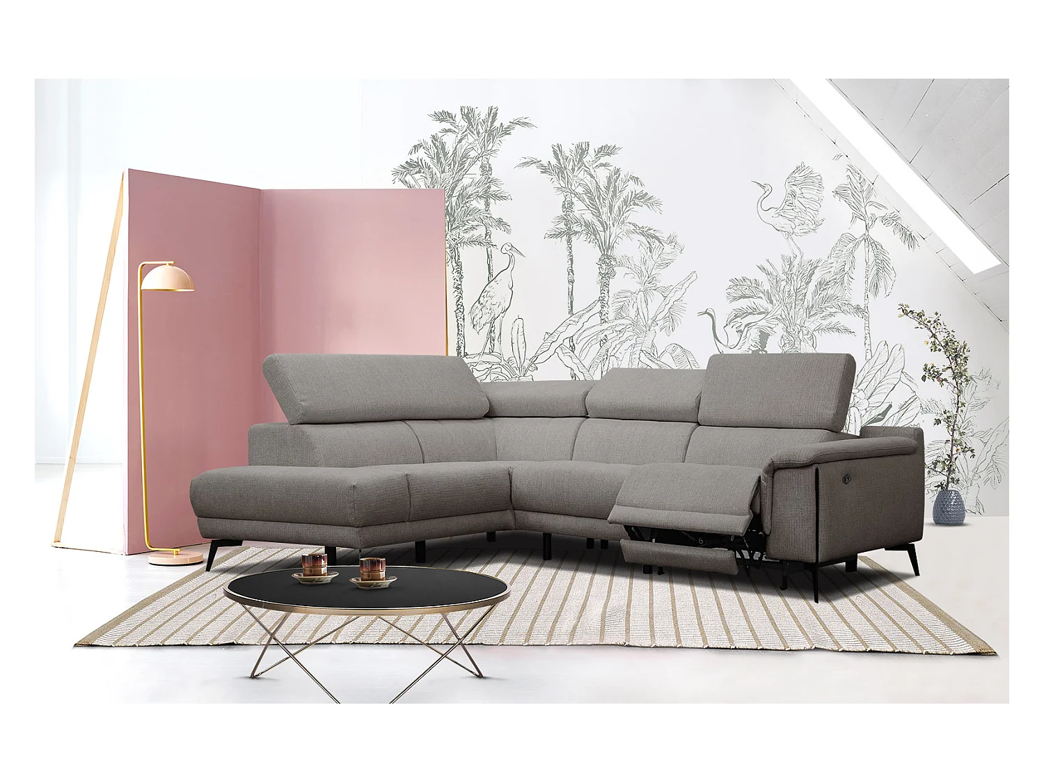 Canapé d'angle gauche 4 places avec un relax électrique tissu taupe - Matera