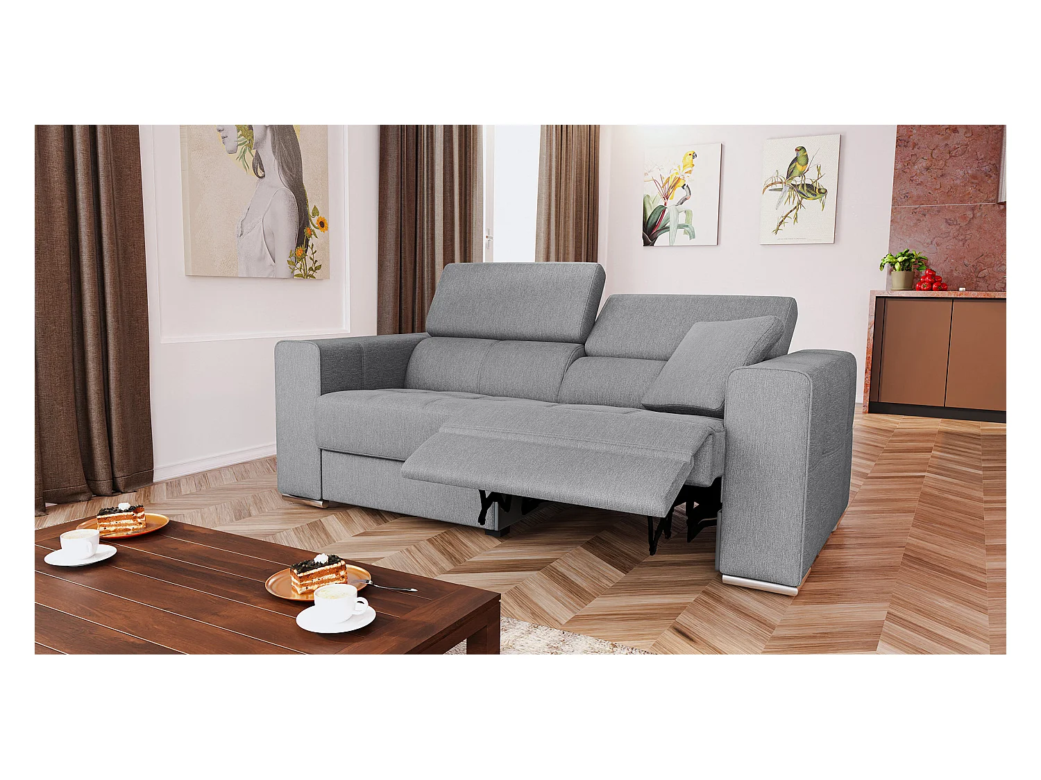 QUARTZ Sofa 3-Sitzer mit 1 Relaxfunktion und verstellbare Kopfstützen, grau