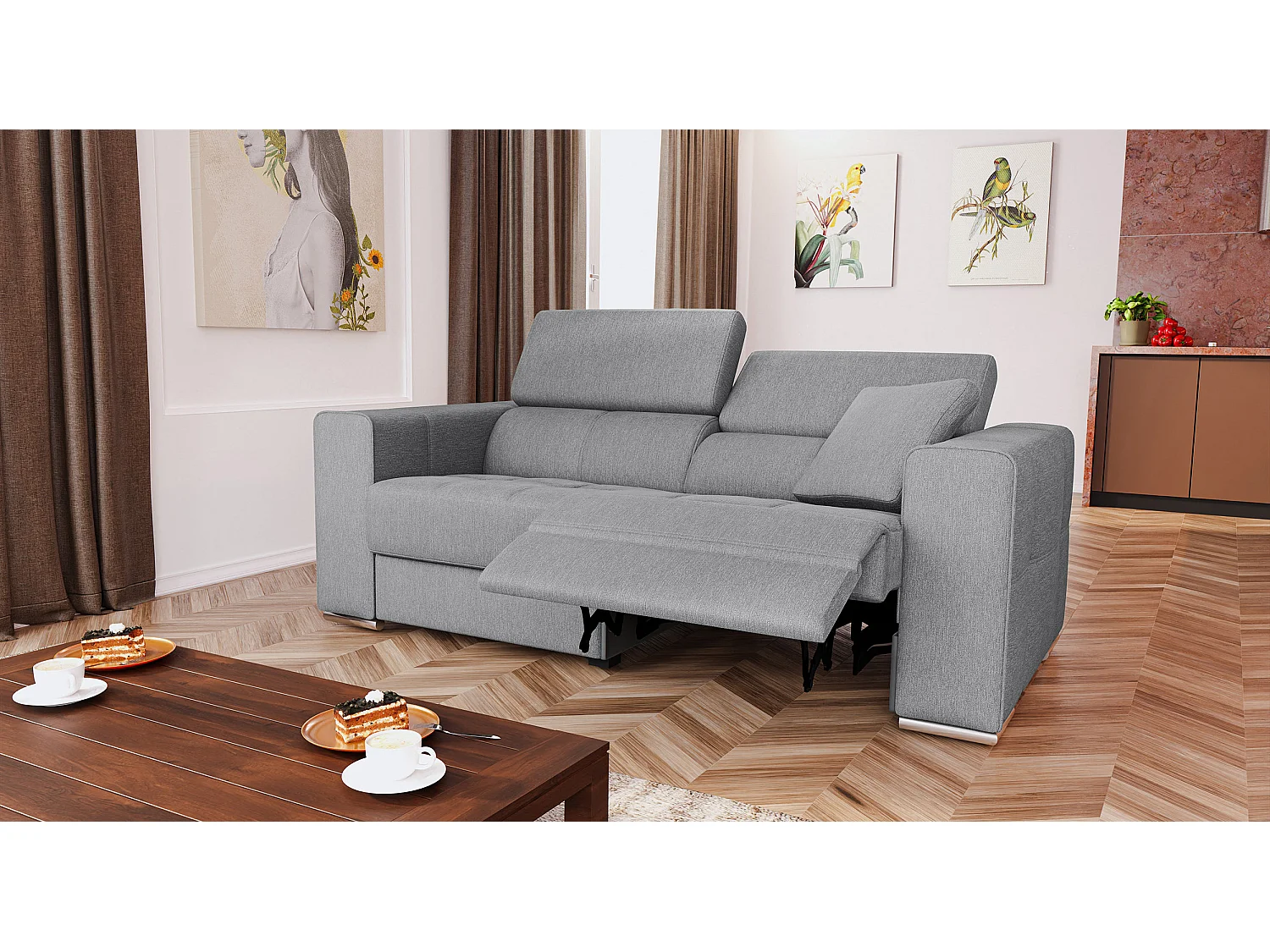 QUARTZ Sofa 3-Sitzer mit 1 Relaxfunktion und verstellbare Kopfstützen, grau