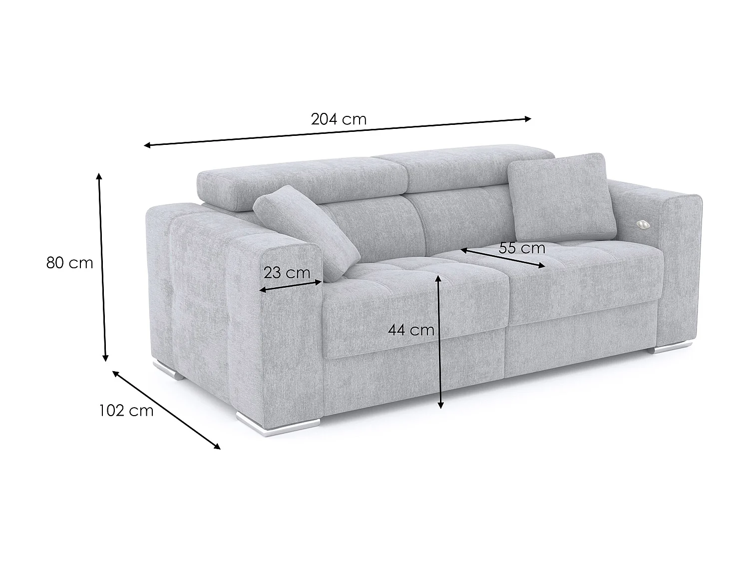 QUARTZ Sofa 3-Sitzer mit 1 Relaxfunktion und verstellbare Kopfstützen, grau