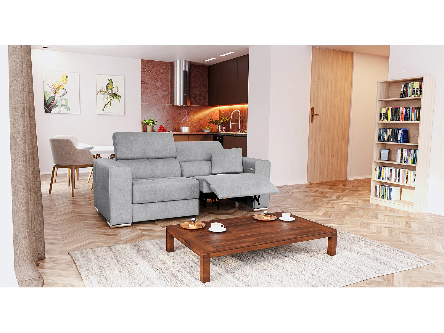 QUARTZ Sofa 3-Sitzer mit 1 Relaxfunktion und verstellbare Kopfstützen, grau