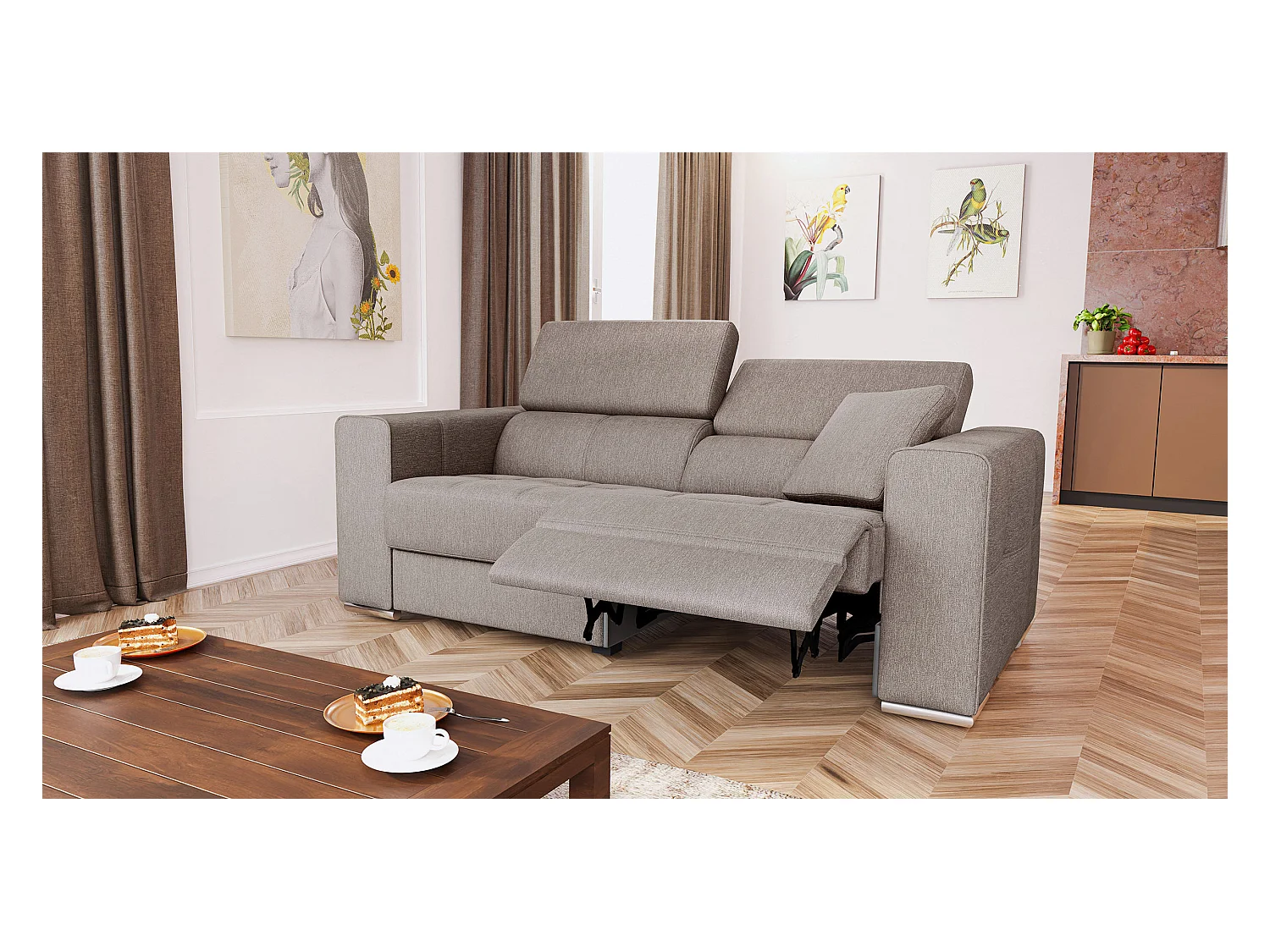 QUARTZ Sofa 3-Sitzer mit 1 Relaxfunktion und verstellbare Kopfstützen, beige