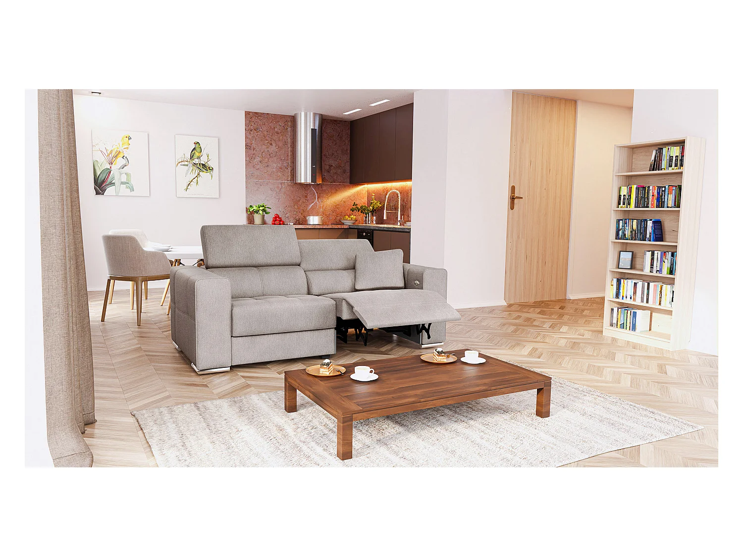 QUARTZ Sofa 3-Sitzer mit 1 Relaxfunktion und verstellbare Kopfstützen, beige
