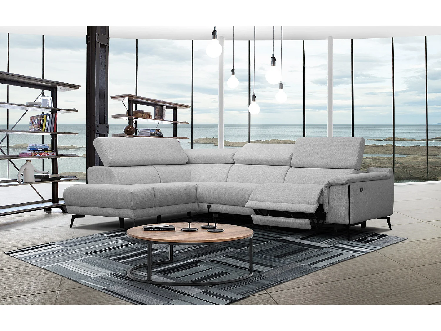 Canapé d'angle gauche 4 places avec un relax électrique tissu gris - Matera