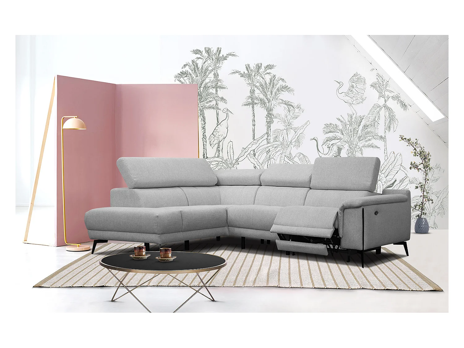 Canapé d'angle gauche 4 places avec un relax électrique tissu gris - Matera