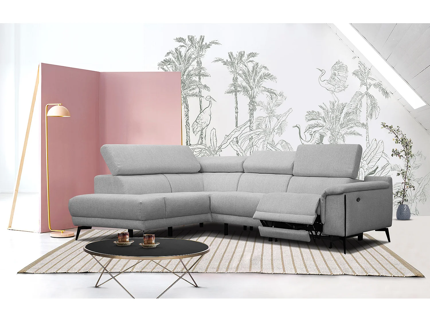 Canapé d'angle gauche 4 places avec un relax électrique tissu gris - Matera