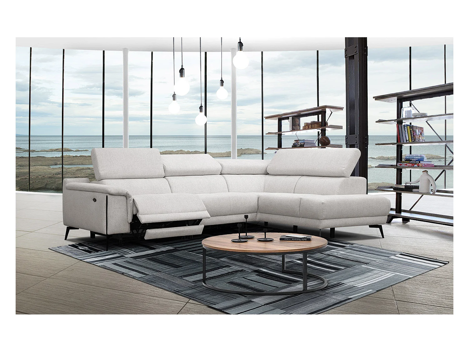 Canapé d'angle droit 4 places avec un relax électrique tissu écru - Matera