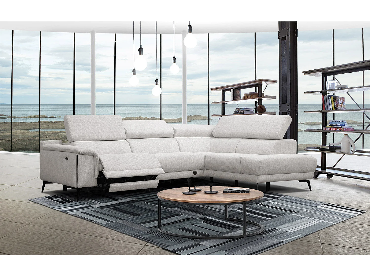 Canapé d'angle droit 4 places avec un relax électrique tissu écru - Matera