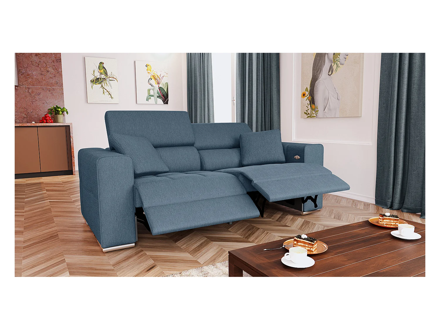 Canapé 3 places avec 2 relax électriques tissu bleu - QUARTZ