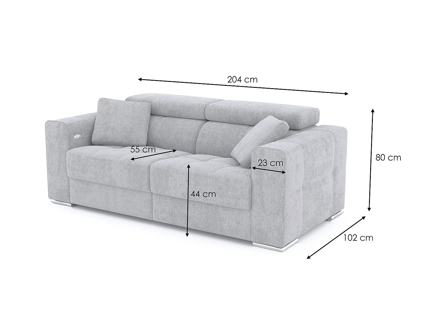 QUARTZ Sofa 3-Sitzer mit 2 Relaxfunktionen und verstellbare Kopfstützen, blau