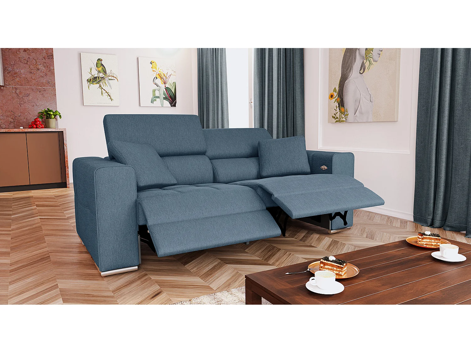 QUARTZ Sofa 3-Sitzer mit 2 Relaxfunktionen und verstellbare Kopfstützen, blau
