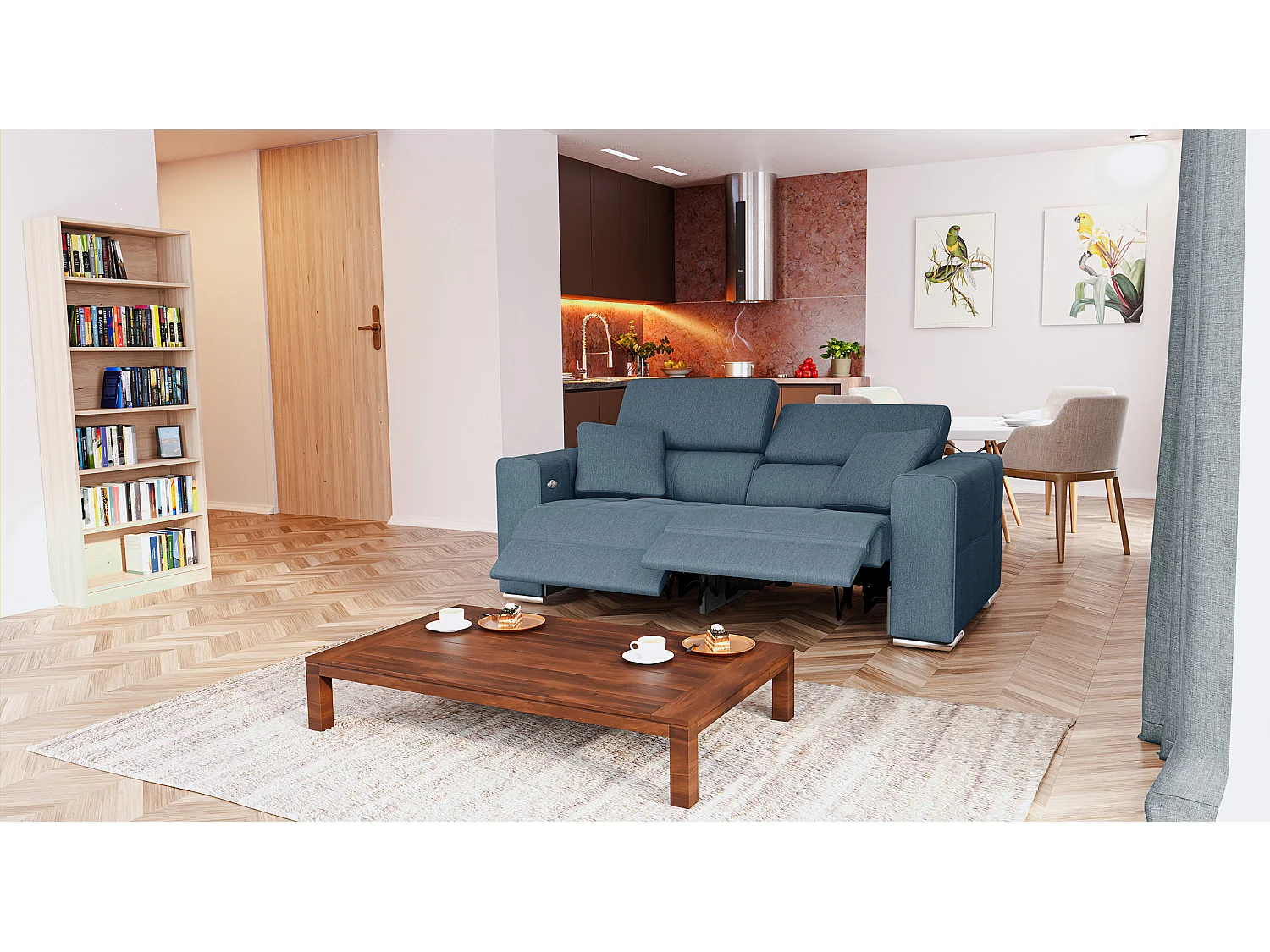 QUARTZ Sofa 3-Sitzer mit 2 Relaxfunktionen und verstellbare Kopfstützen, blau