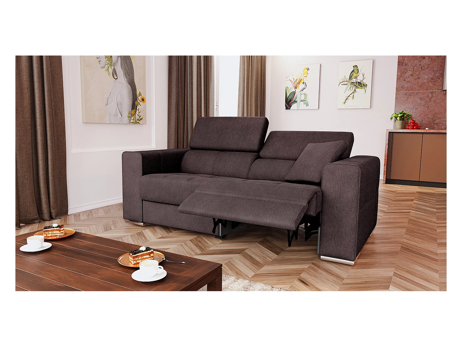 QUARTZ Sofa 3-Sitzer mit 1 Relaxfunktion und verstellbare Kopfstützen, dunkelbraun