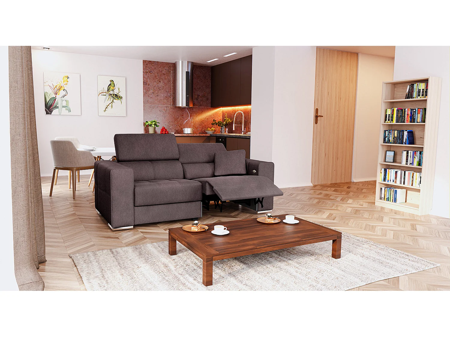 QUARTZ Sofa 3-Sitzer mit 1 Relaxfunktion und verstellbare Kopfstützen, dunkelbraun