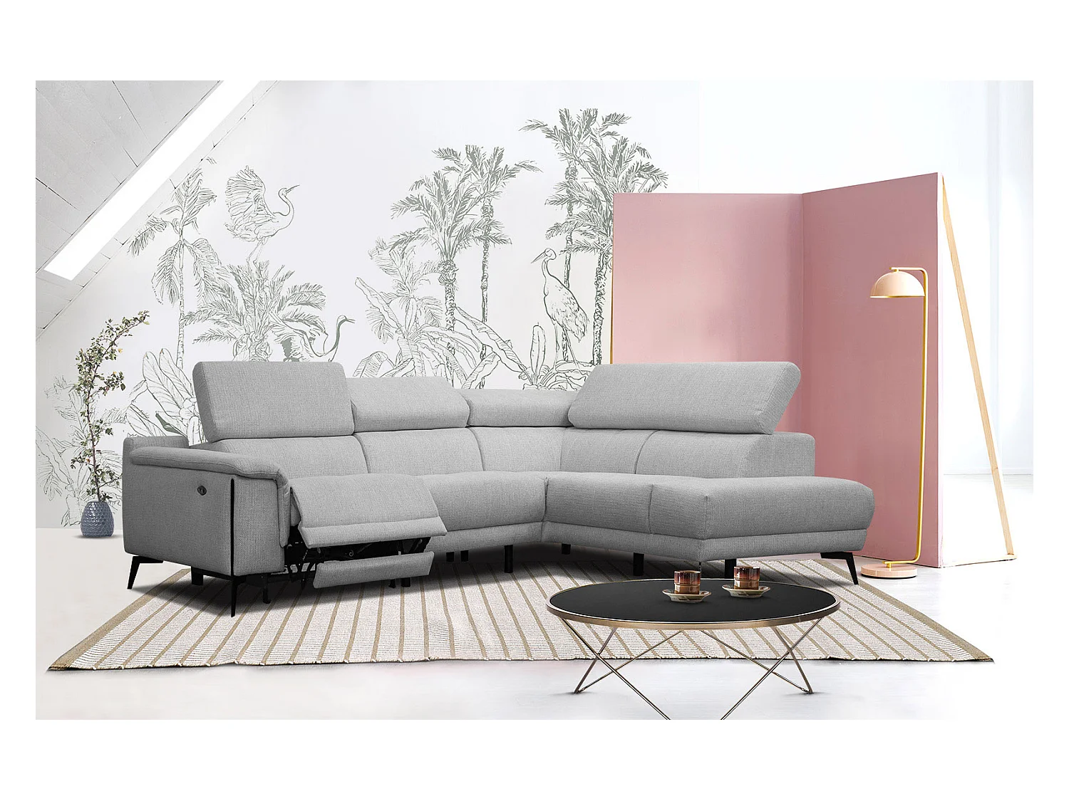 Canapé d'angle droit 4 places avec un relax électrique tissu gris - Matera