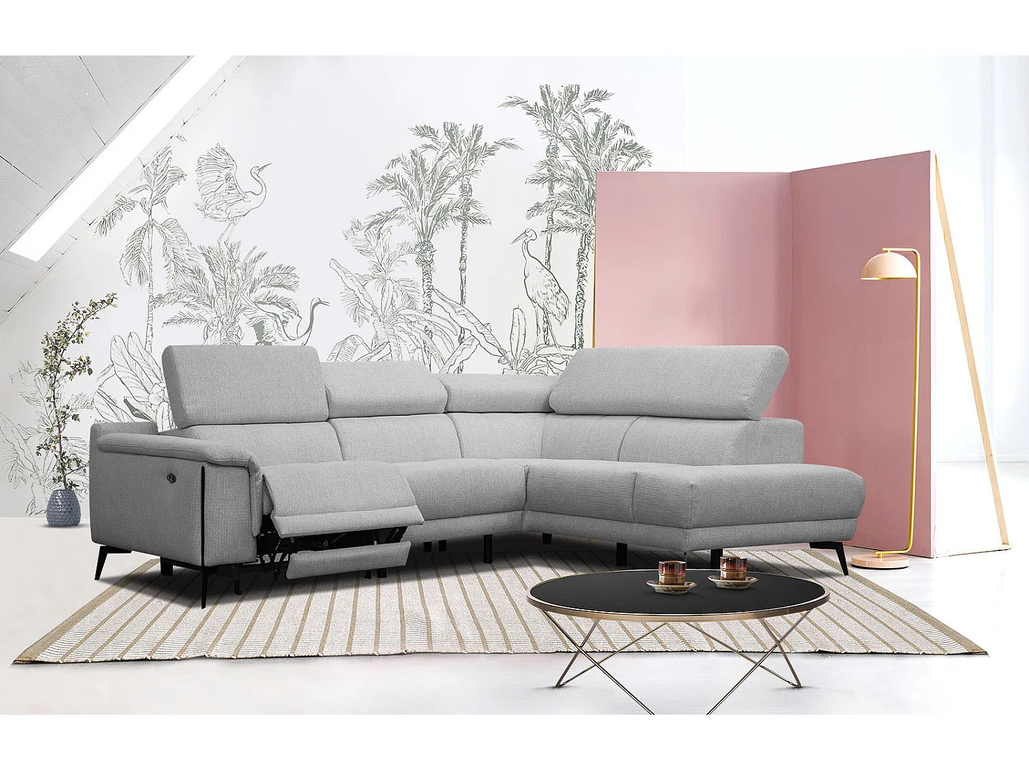 Canapé d'angle droit 4 places avec un relax électrique tissu gris - Matera