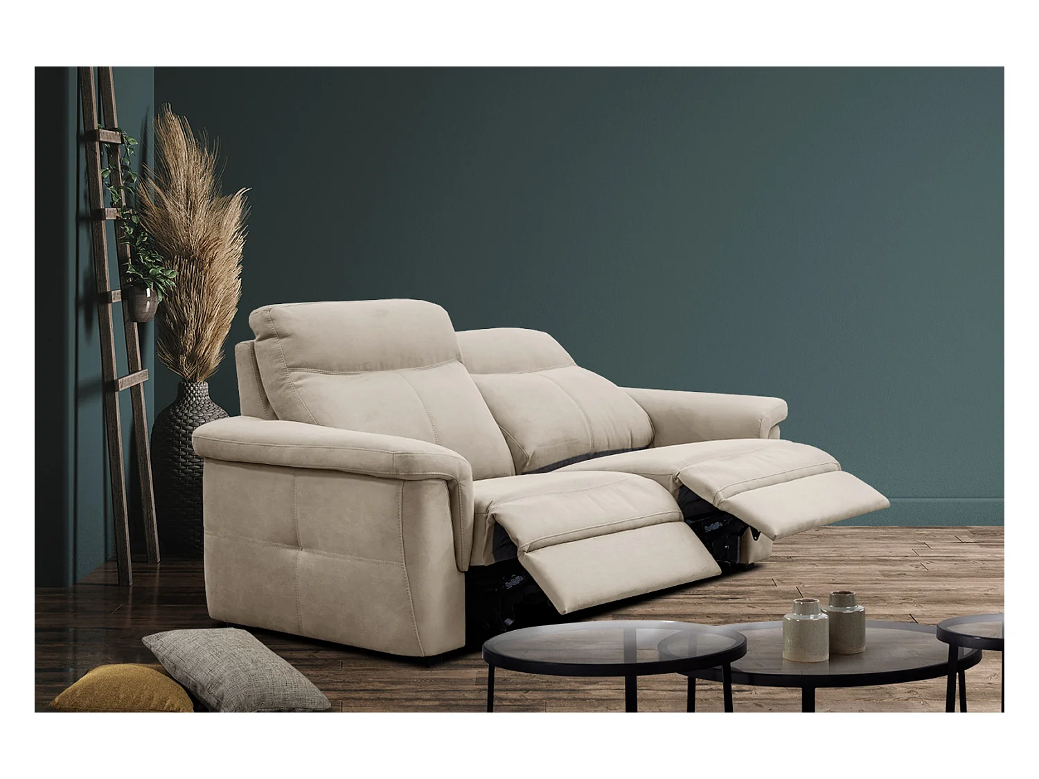 Canapé droit 3 places tissu beige avec relax électrique - JONES