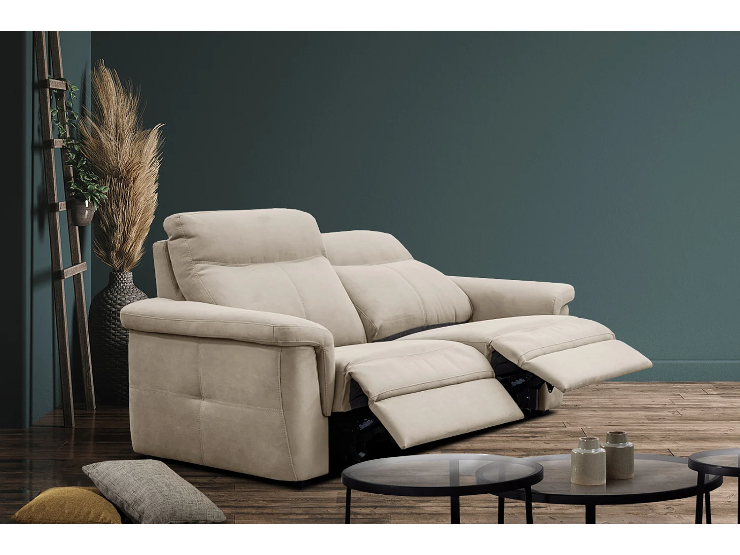 Canapé droit 3 places tissu beige avec relax électrique - JONES