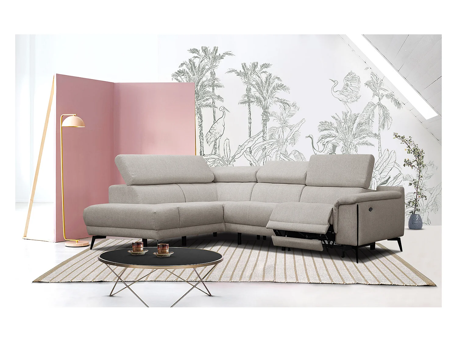 Canapé d'angle gauche 4 places avec un relax électrique tissu beige - Matera