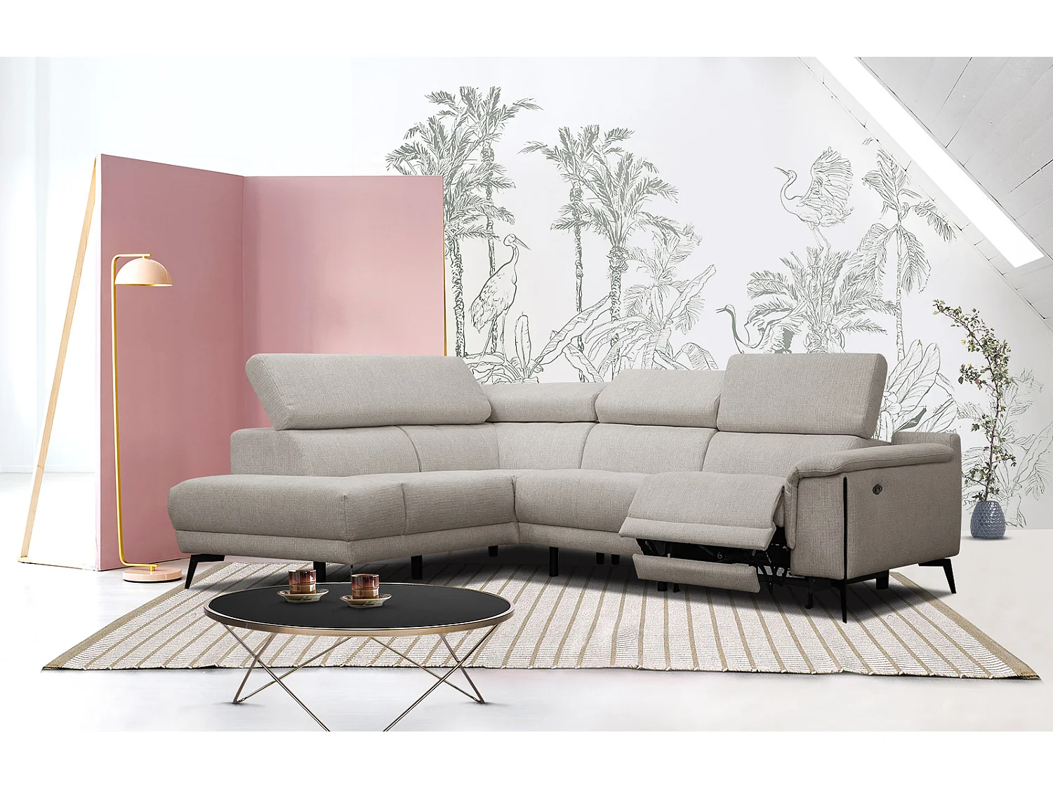 Canapé d'angle gauche 4 places avec un relax électrique tissu beige - Matera