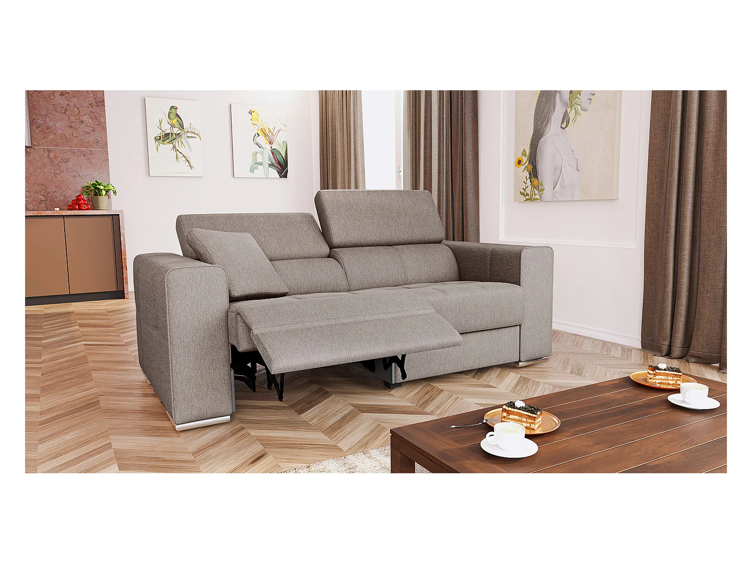 QUARTZ Sofa 3-Sitzer mit 1 Relaxfunktion und verstellbare Kopfstützen, beige