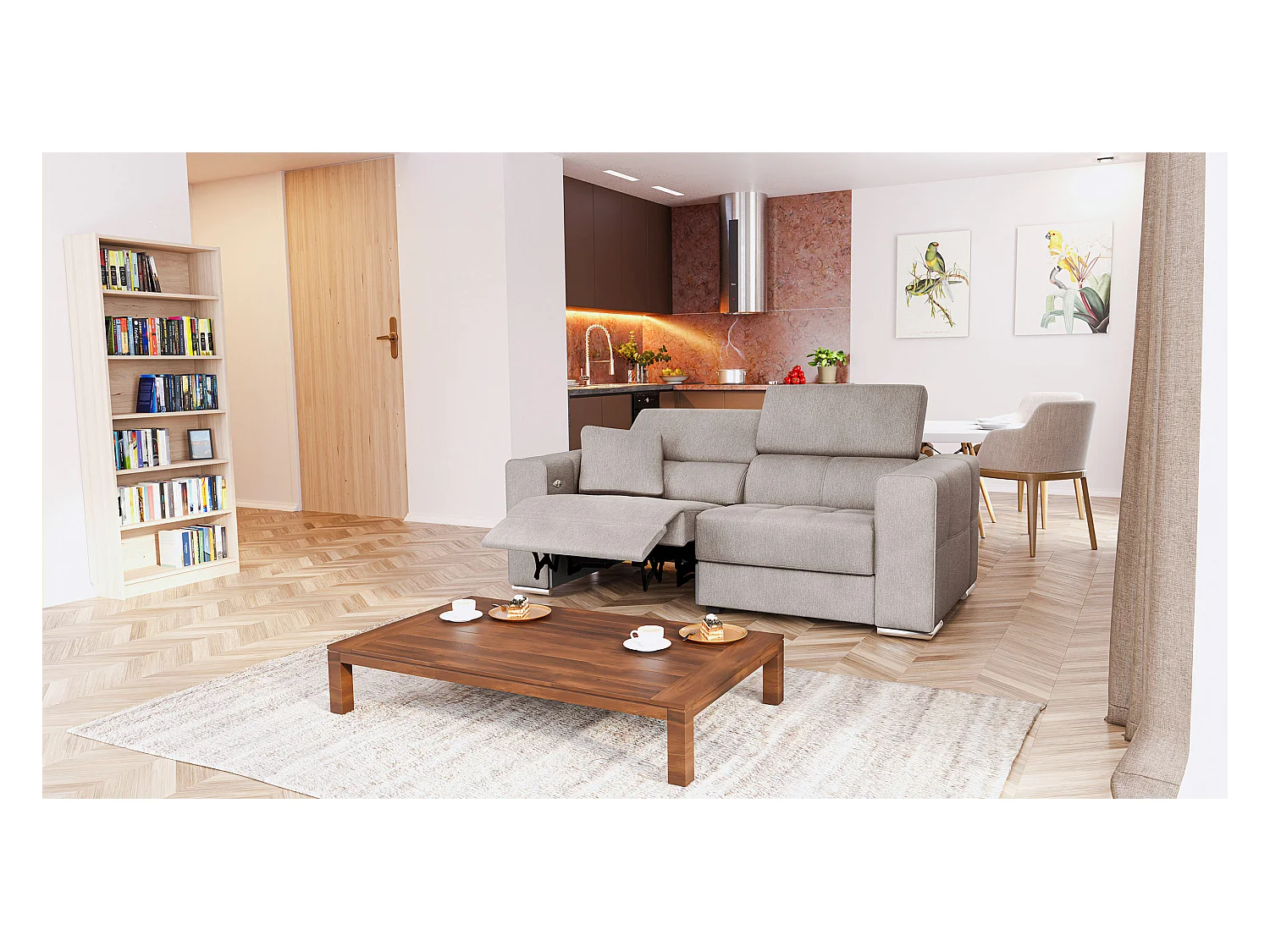 QUARTZ Sofa 3-Sitzer mit 1 Relaxfunktion und verstellbare Kopfstützen, beige
