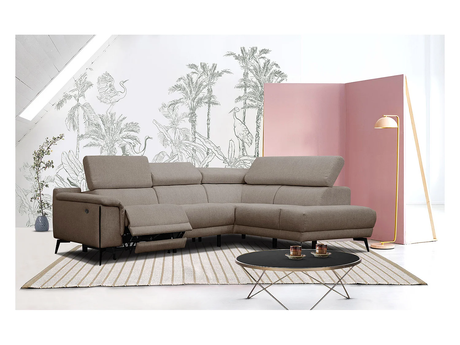 Canapé d'angle droit 4 places avec un relax électrique tissu marron clair - Matera