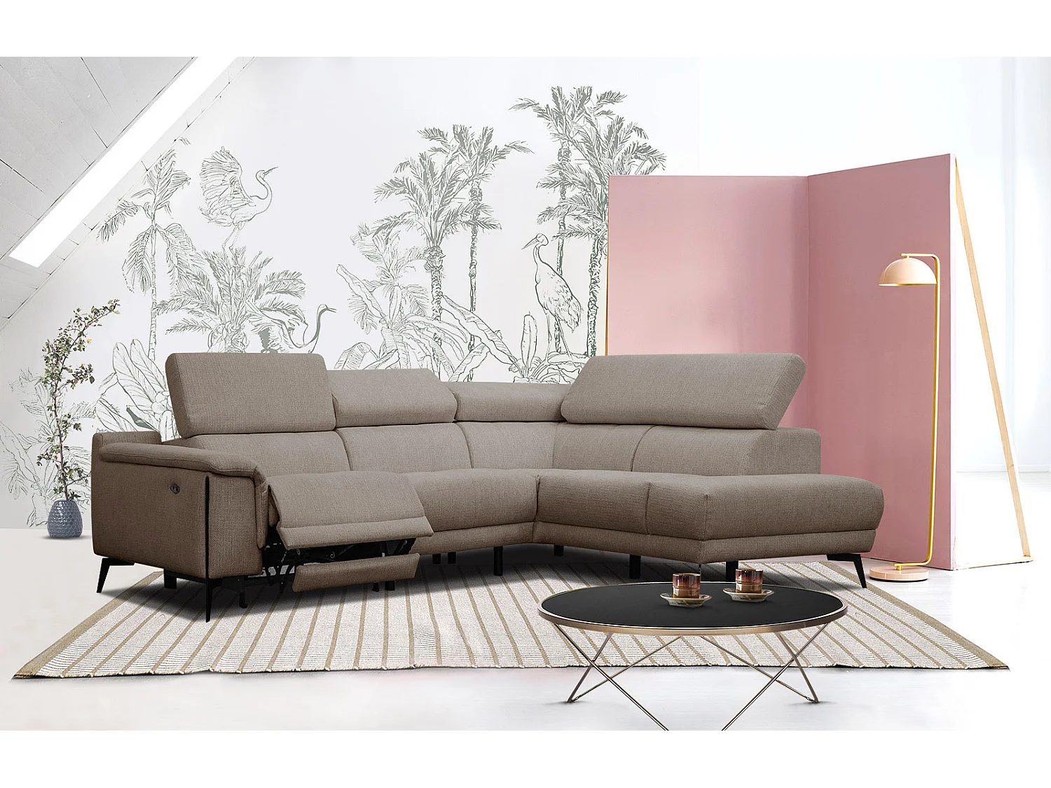 Canapé d'angle droit 4 places avec un relax électrique tissu marron clair - Matera