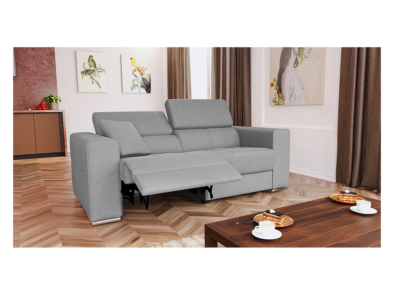 QUARTZ Sofa 3-Sitzer mit 1 Relaxfunktion und verstellbare Kopfstützen, hellgrau