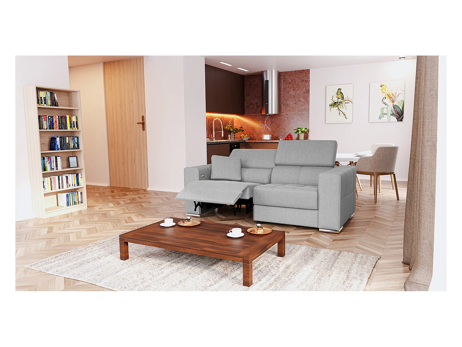 QUARTZ Sofa 3-Sitzer mit 1 Relaxfunktion und verstellbare Kopfstützen, hellgrau