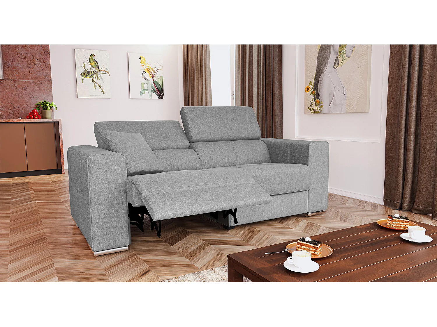QUARTZ Sofa 3-Sitzer mit 1 Relaxfunktion und verstellbare Kopfstützen, hellgrau