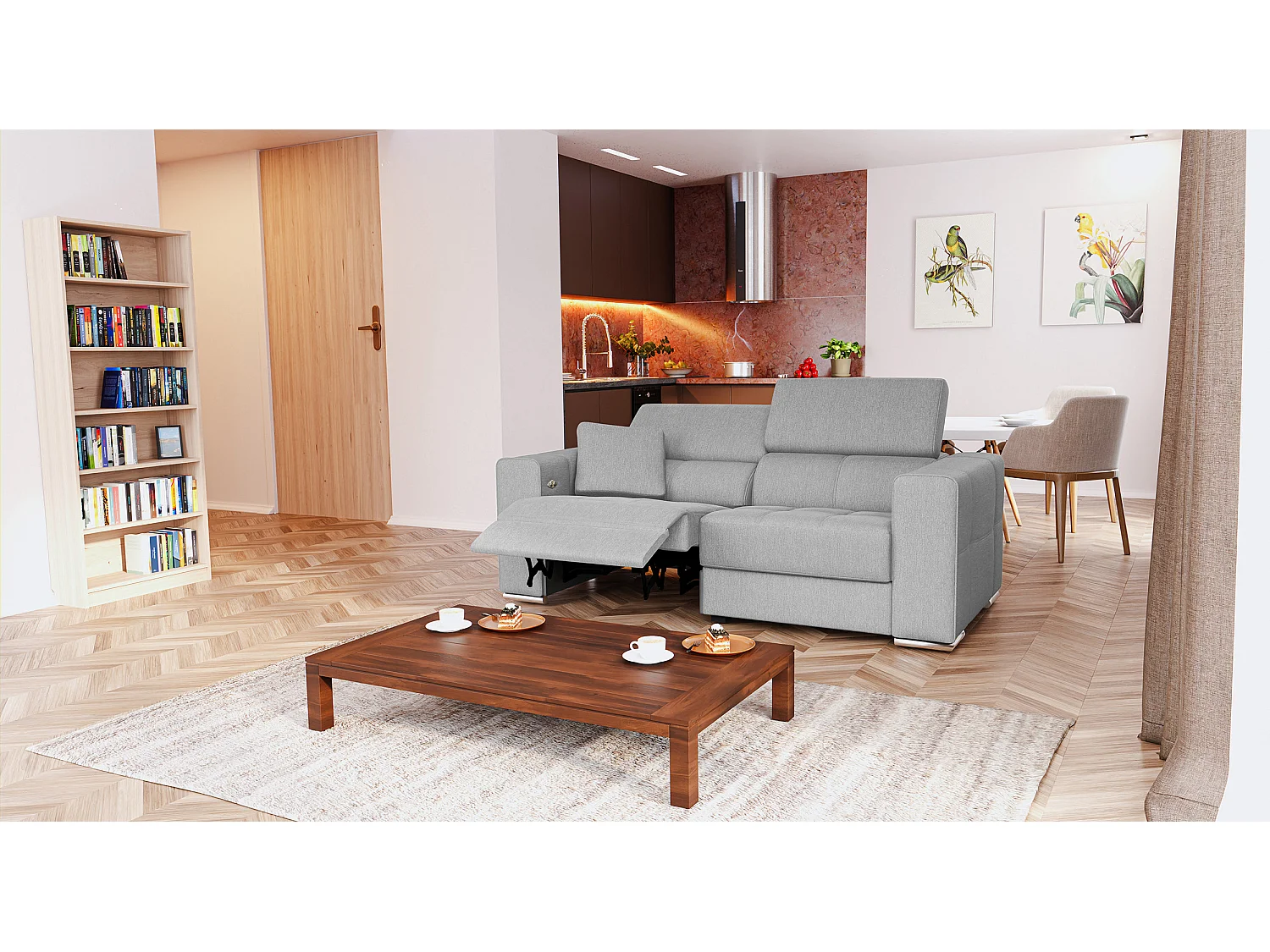 QUARTZ Sofa 3-Sitzer mit 1 Relaxfunktion und verstellbare Kopfstützen, hellgrau