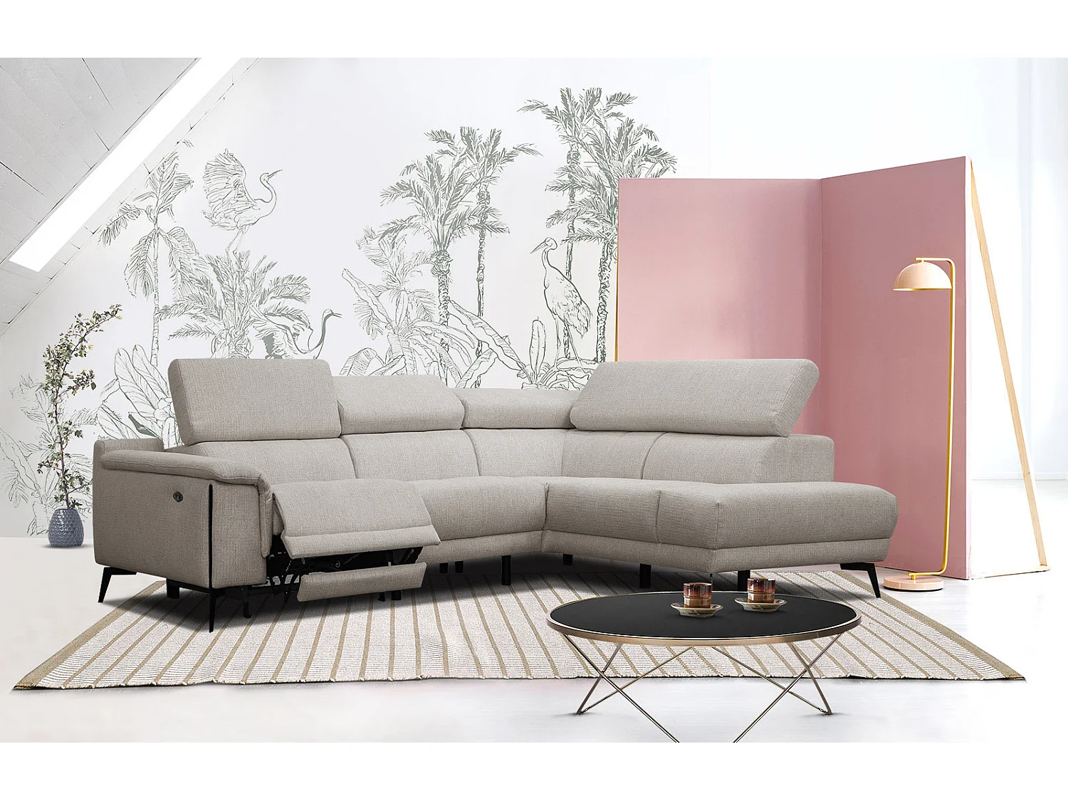 Canapé d'angle droit 4 places avec un relax électrique tissu beige - Matera