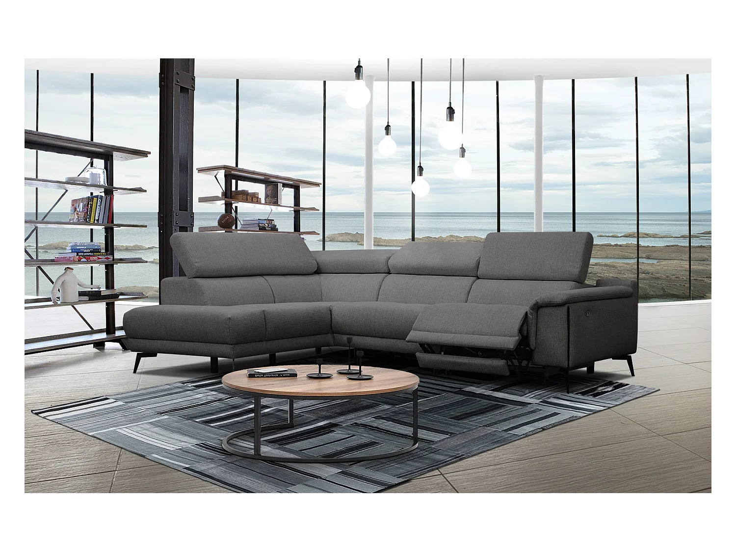 Canapé d'angle gauche 4 places avec un relax électrique tissu gris foncé - Matera