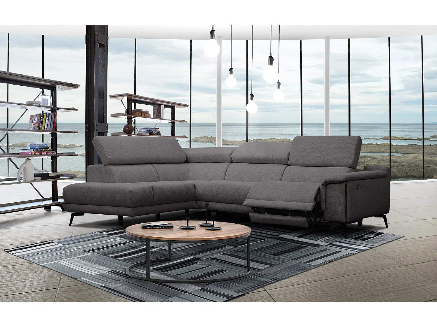 Canapé d'angle gauche 4 places avec un relax électrique tissu gris foncé - Matera