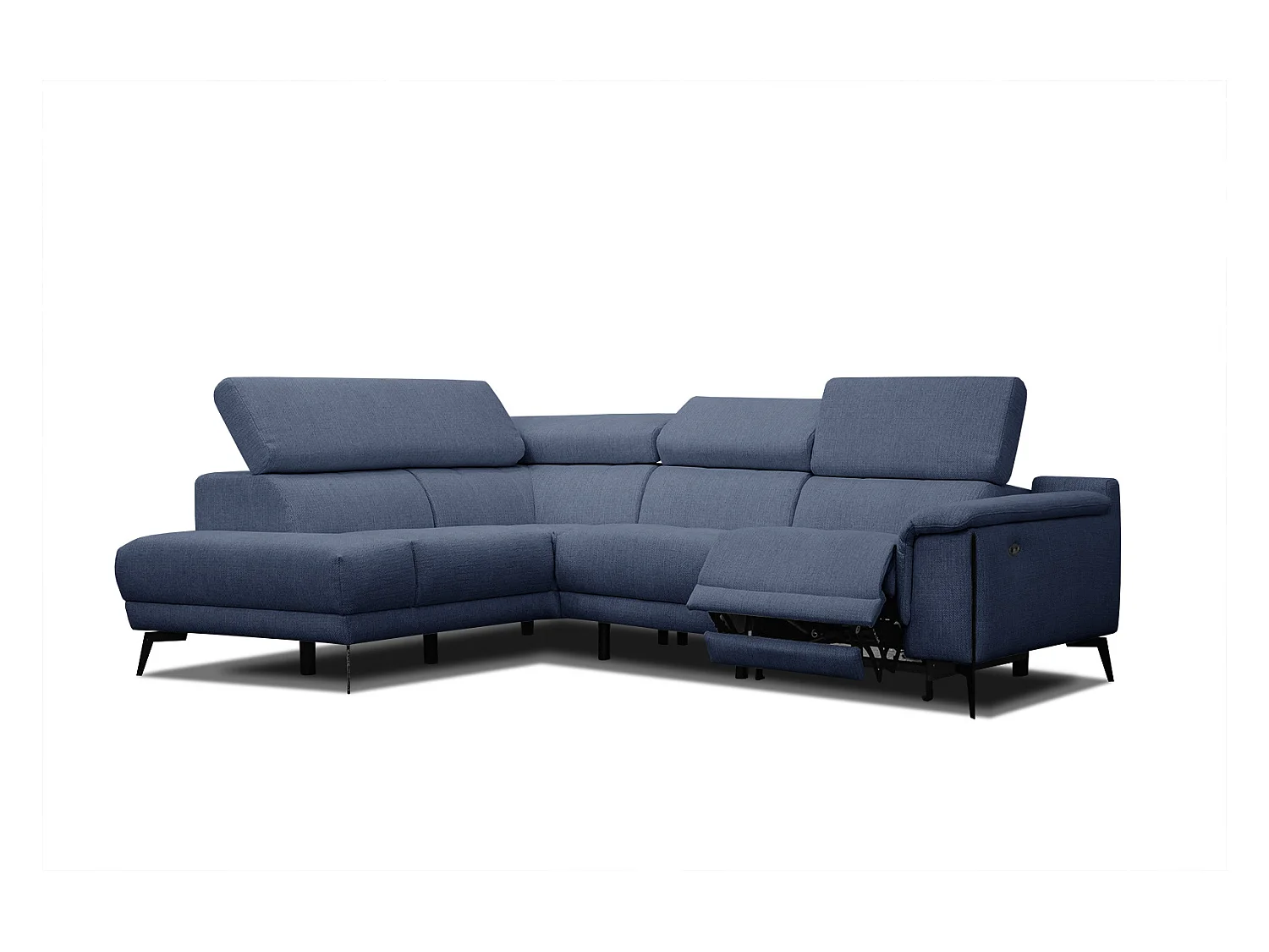 Canapé d'angle gauche 4 places avec un relax électrique tissu bleu foncé - Matera