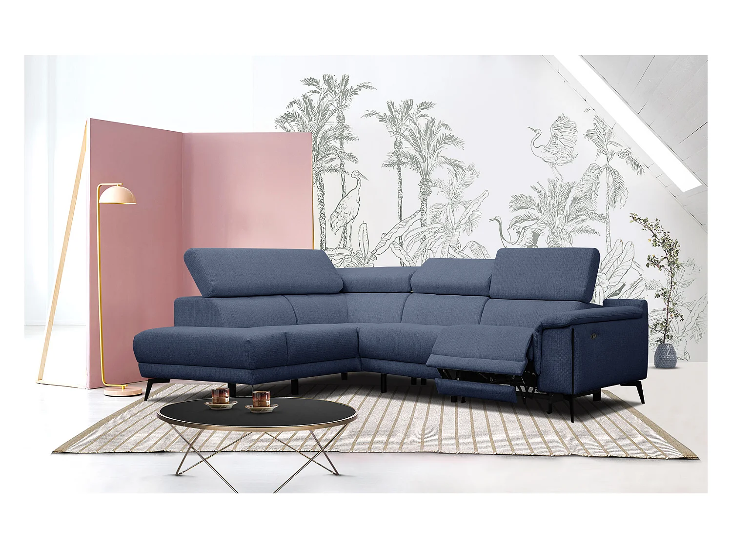 Canapé d'angle gauche 4 places avec un relax électrique tissu bleu foncé - Matera