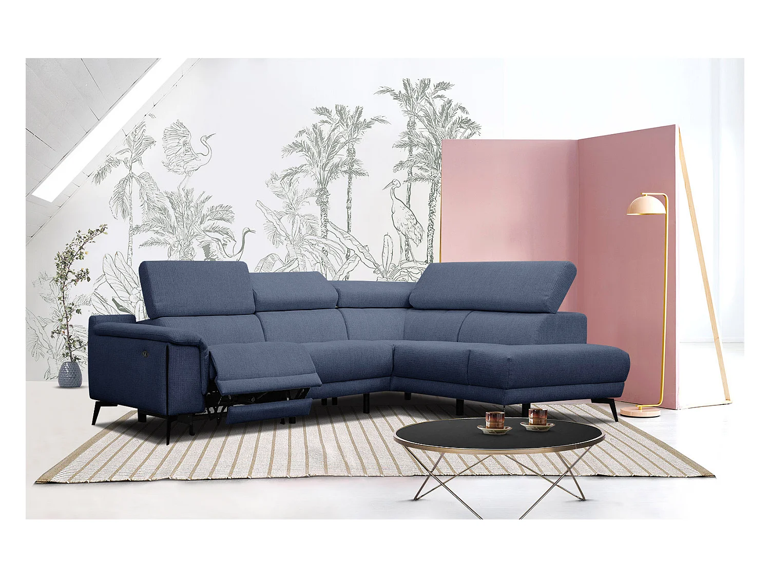 Canapé d'angle droit 4 places avec un relax électrique tissu bleu foncé - Matera