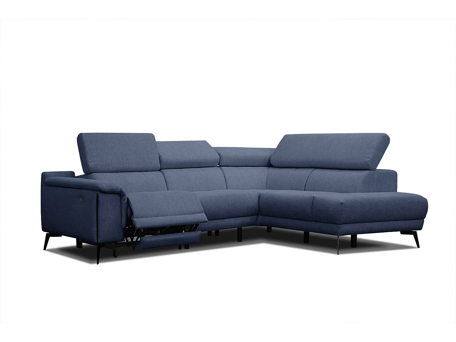 Canapé d'angle droit 4 places avec un relax électrique tissu bleu foncé - Matera