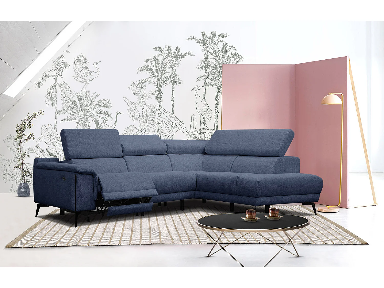 Canapé d'angle droit 4 places avec un relax électrique tissu bleu foncé - Matera