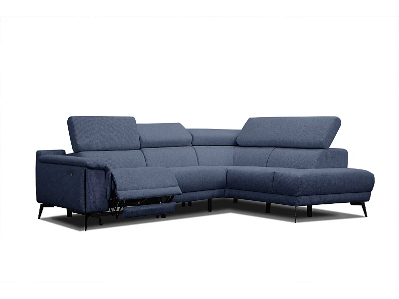 Canapé d'angle droit 4 places avec un relax électrique tissu bleu foncé - Matera