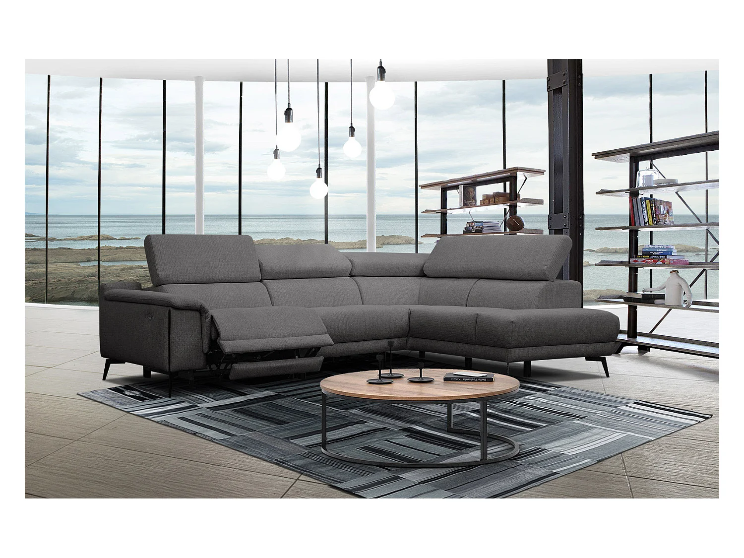 Canapé d'angle droit 4 places avec un relax électrique tissu gris foncé - Matera