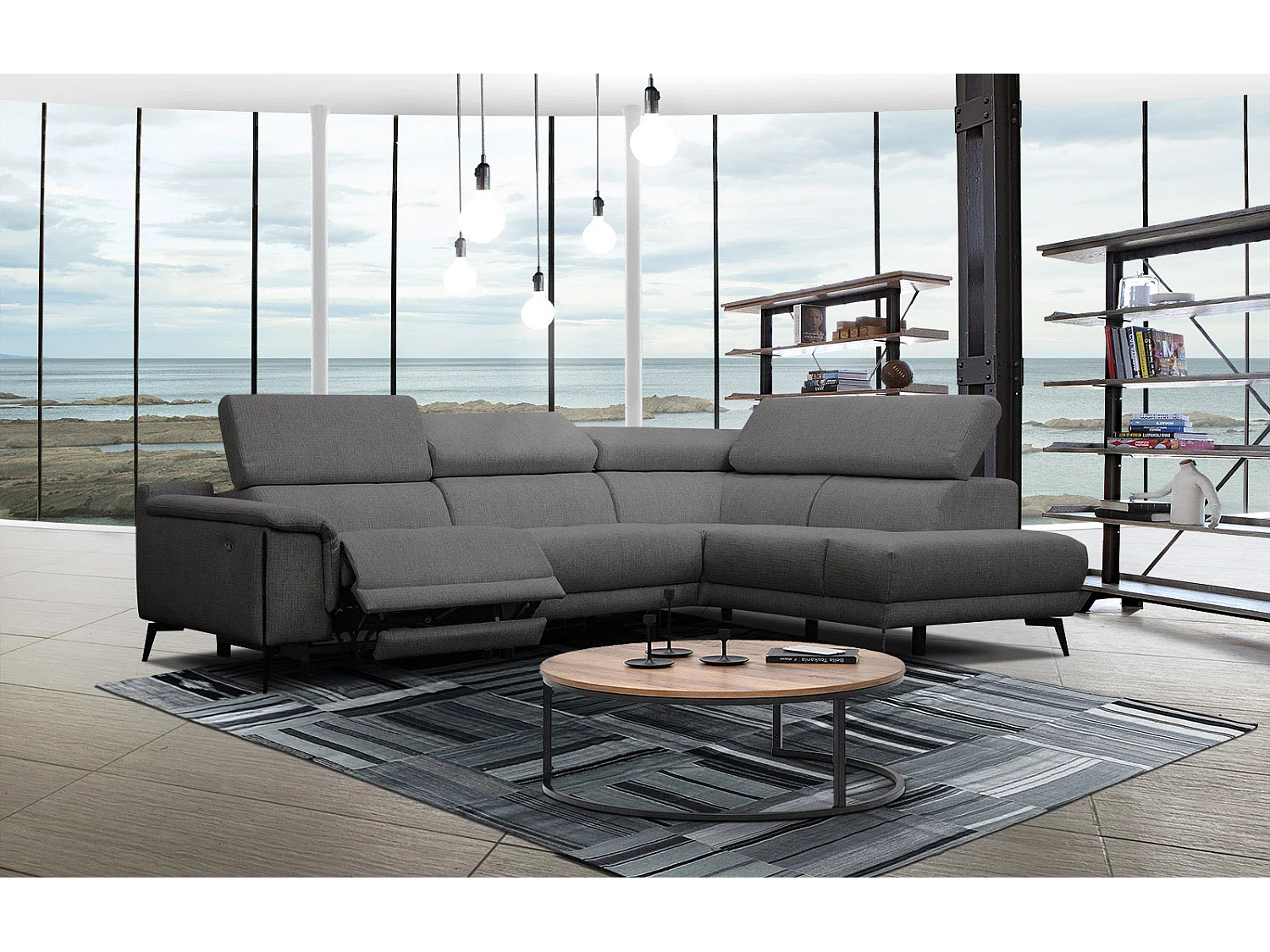 Canapé d'angle droit 4 places avec un relax électrique tissu gris foncé - Matera