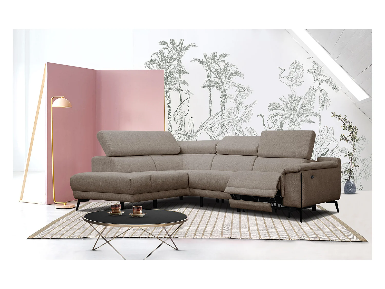 Canapé d'angle gauche 4 places avec un relax électrique tissu marron clair - Matera