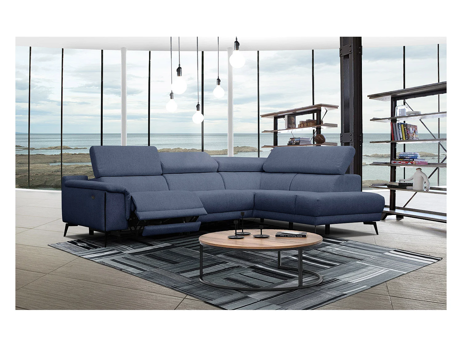 Canapé d'angle droit 4 places avec un relax électrique tissu bleu foncé - Matera