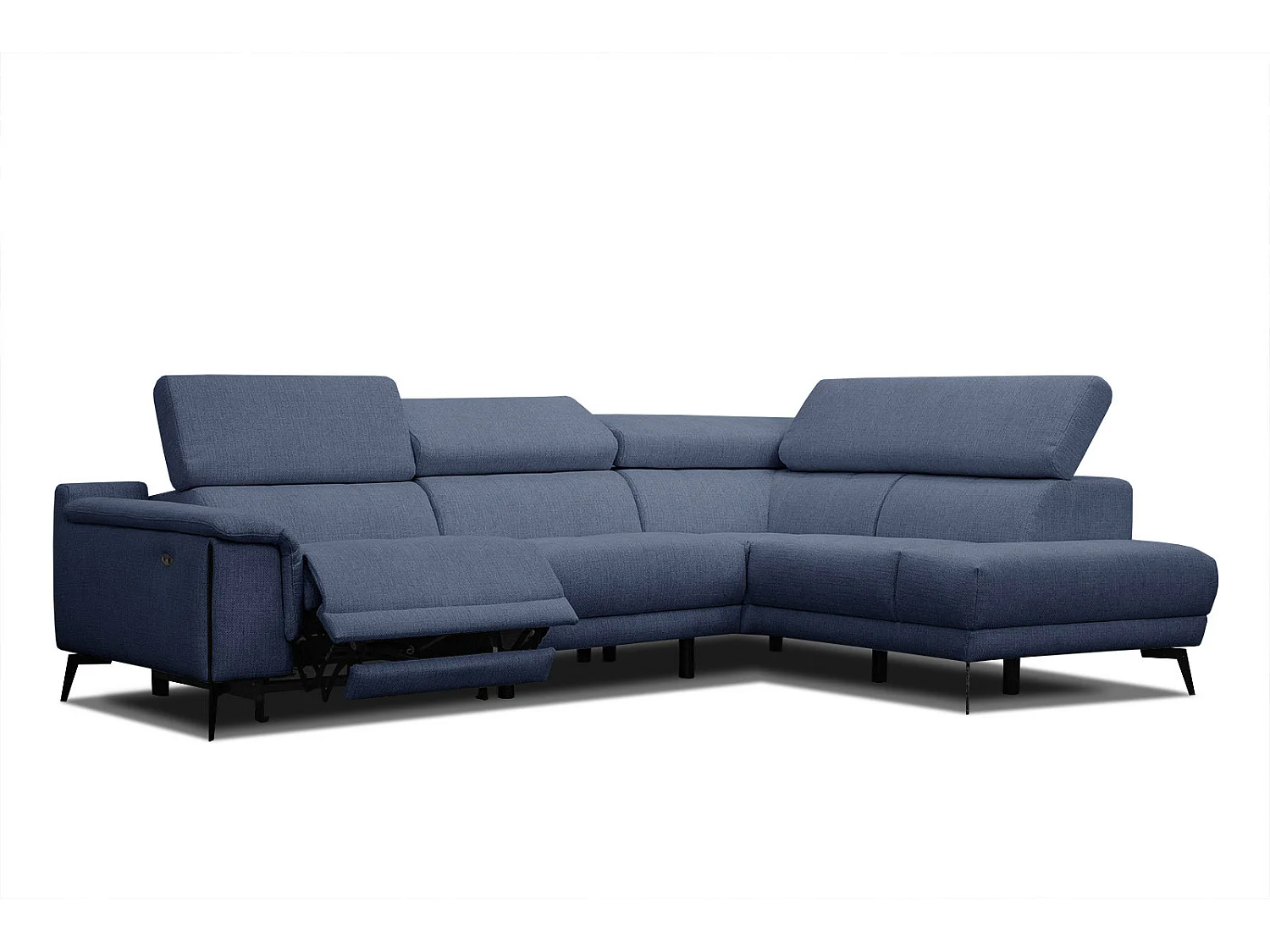 Canapé d'angle droit 4 places avec un relax électrique tissu bleu foncé - Matera