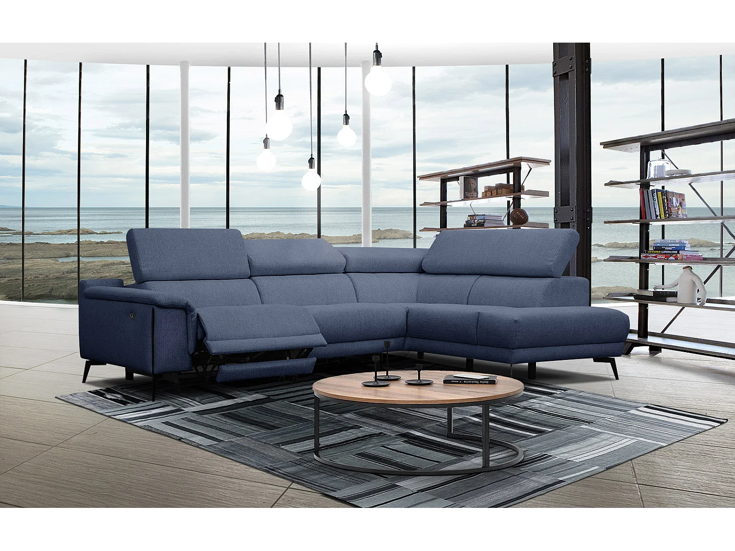 Canapé d'angle droit 4 places avec un relax électrique tissu bleu foncé - Matera