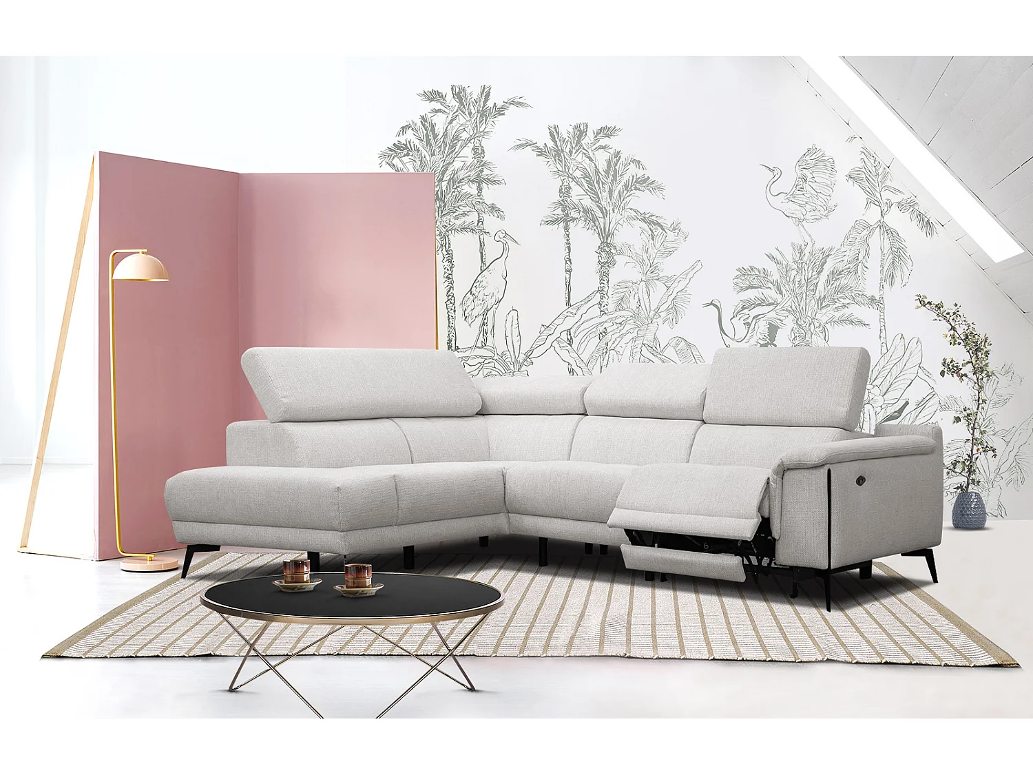 Canapé d'angle gauche 4 places avec un relax électrique tissu écru - Matera