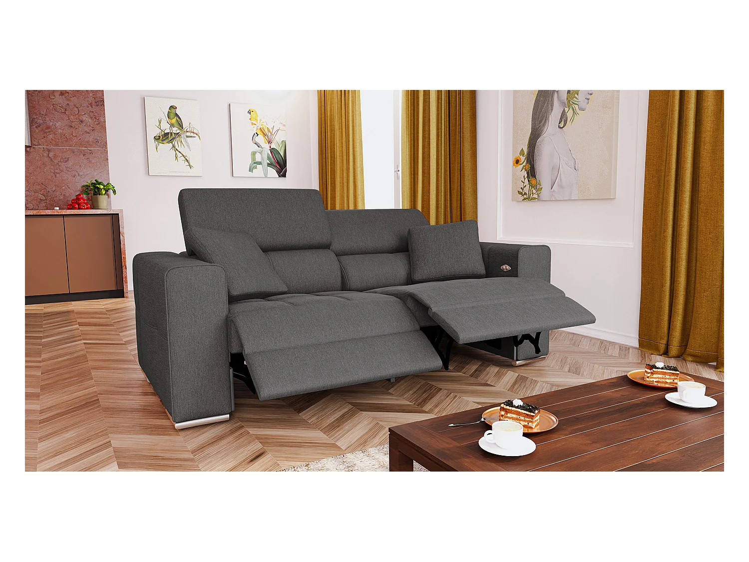 Canapé 3 places avec 2 relax électriques tissu gris foncé - QUARTZ