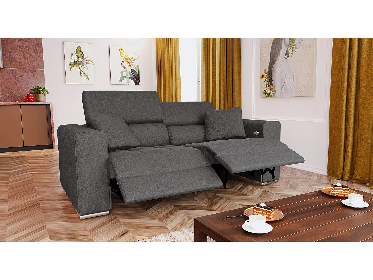 QUARTZ Sofa 3-Sitzer mit 2 Relaxfunktionen und verstellbare Kopfstützen, dunkelgrau